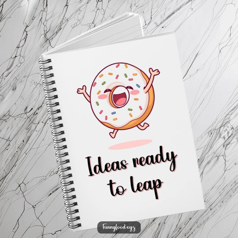 Funny donut notebook featuring a delighted donut with sprinkles mid-leap, inspiring joyful note-taking. Excellent funny gift.