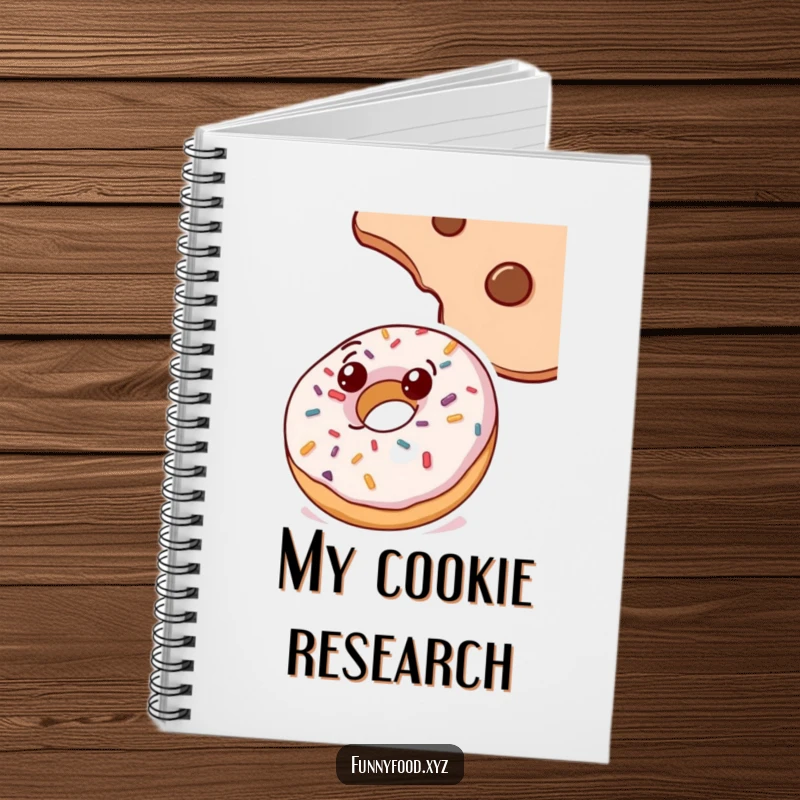 Funny doughnut notebook, with sprinkles, looking up at a cookie, a humorous stationery item for jotting down ideas.