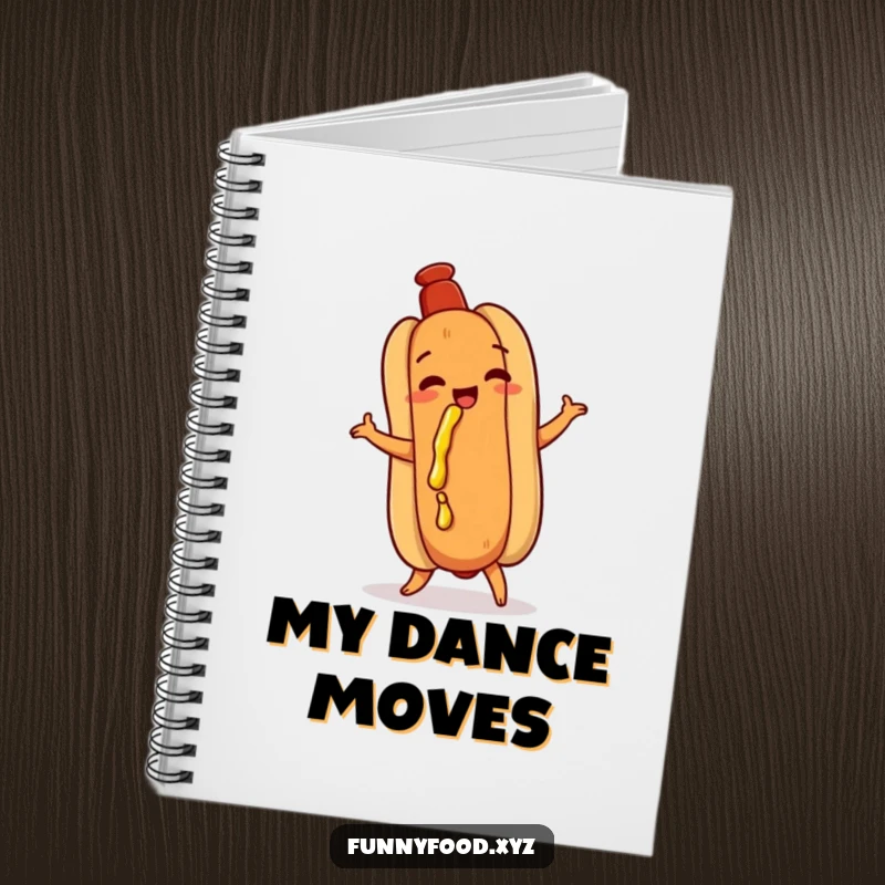 Funny hot dog notebook, doing a playful shimmy, with mustard dribbling, a humorous stationery item for jotting down ideas.