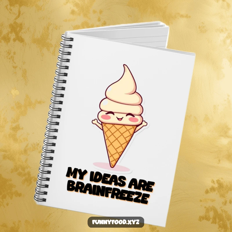 Funny winking ice cream cone doing a headstand on the cover of a notebook, inspiring sweet and humorous entries.