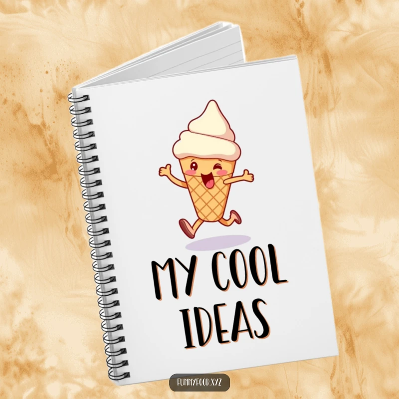 Funny notebook with a skipping ice cream cone cover, perfect for jotting down ideas with a touch of sweet, playful humor.