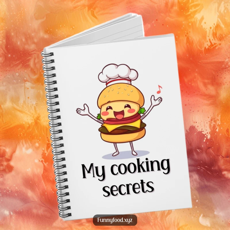 Funny notebook cover with a happy burger chef juggling, designed to inspire creativity and culinary skills.