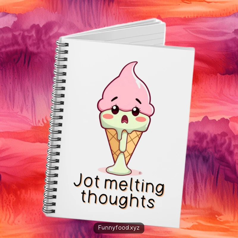 Funny ice cream cone notebook featuring a shocked cone watching its drip melt, great for writing and planning.