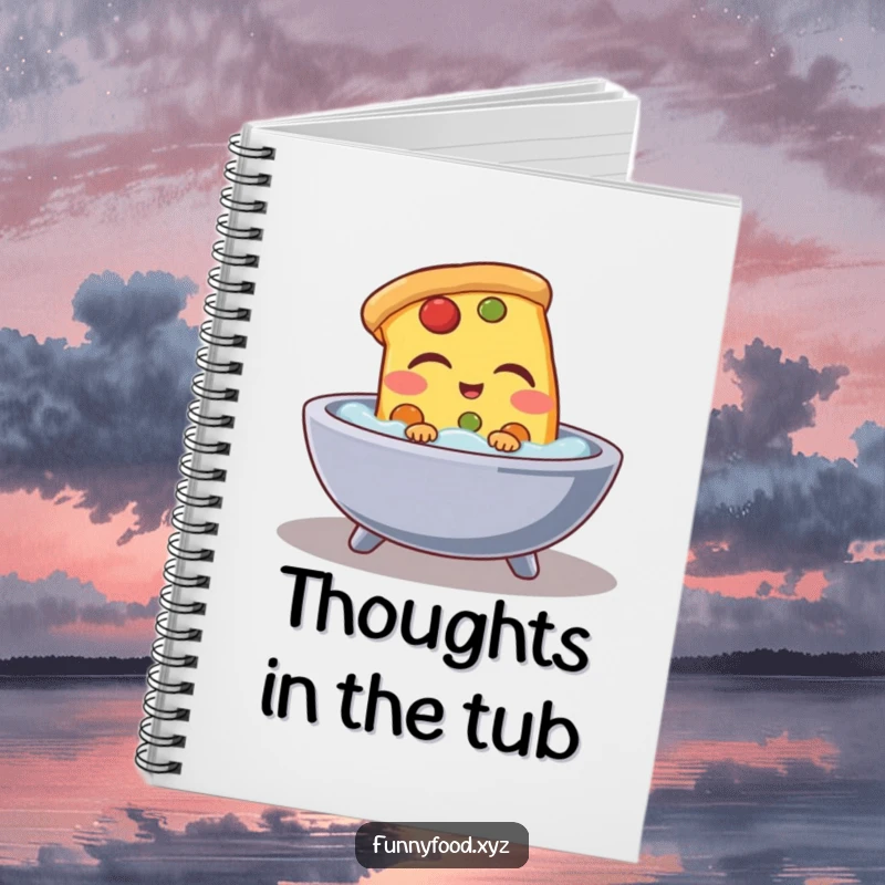 Funny pizza slice notebook, featuring a pizza slice enjoying a bath, perfect for jotting down notes with a humorous touch.