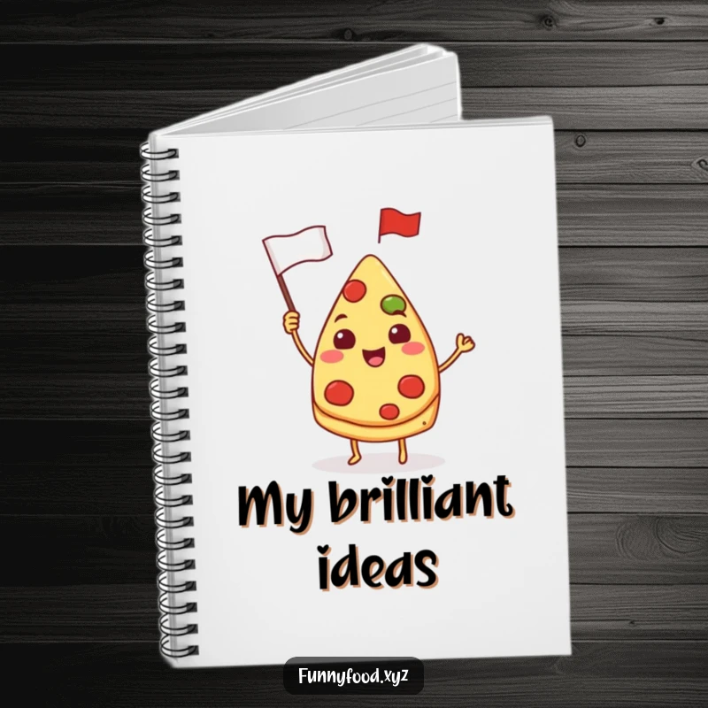 Funny pizza notebook, a smiling pizza slice waving a tiny flag, ideal for notes and recipe writing.