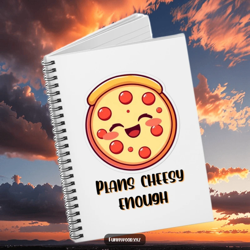 Funny pizza slice notebook featuring a beaming, winking pizza slice, inspiring cheesy note-taking. Excellent funny gift.