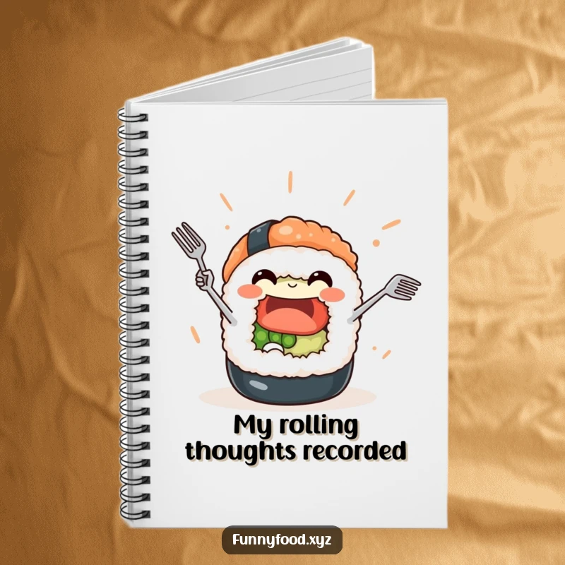 Funny Sushi Roll Notebook: A lively sushi character juggles tiny forks, inspiring funny thoughts and creative writing.