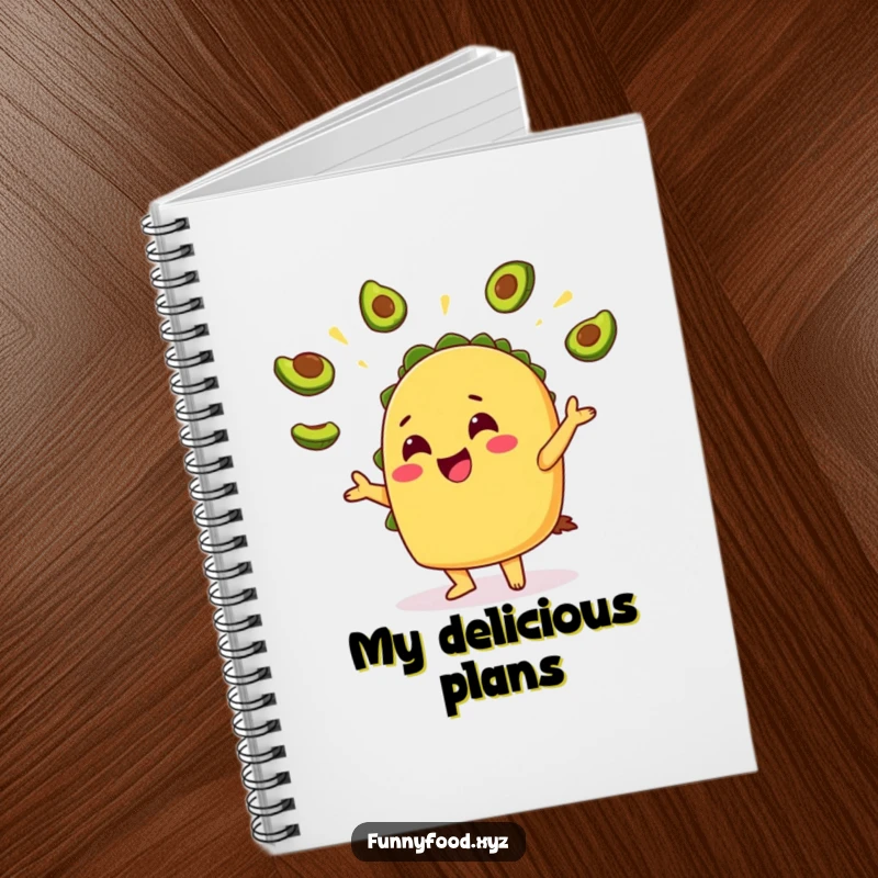 Funny Taco Avocado Notebook: A lined notebook showcasing a cheerful taco juggling avocado slices, perfect for culinary notes.