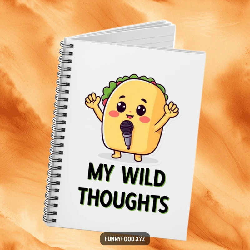 Funny notebook cover with a cheerful taco holding a tiny microphone, designed to inspire lyrics and musical creativity.