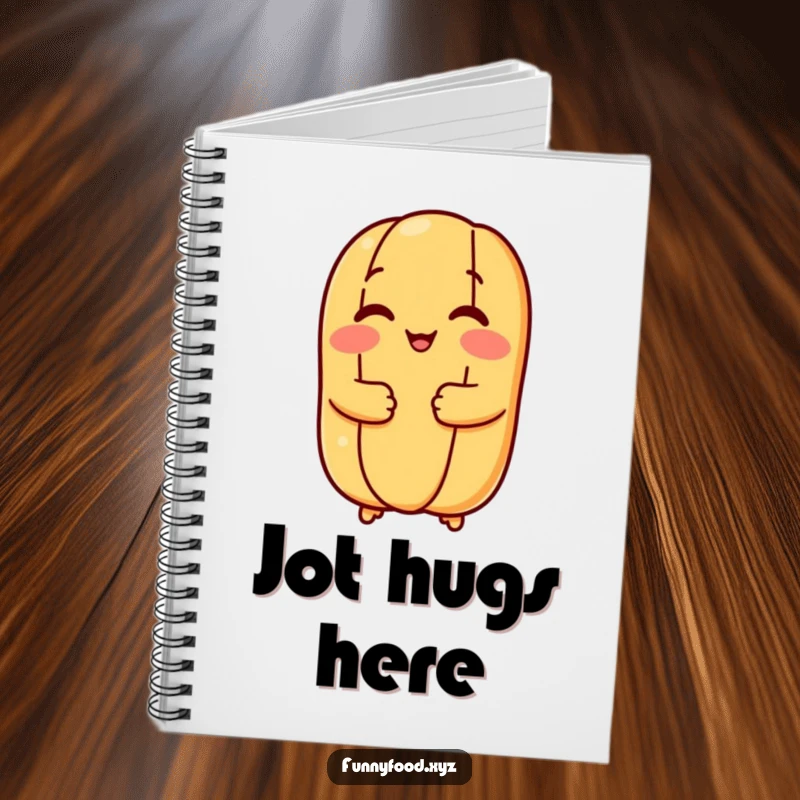 Funny hot dog bun notebook featuring a happy bun giving a comforting hug, great for writing and organizing thoughts.