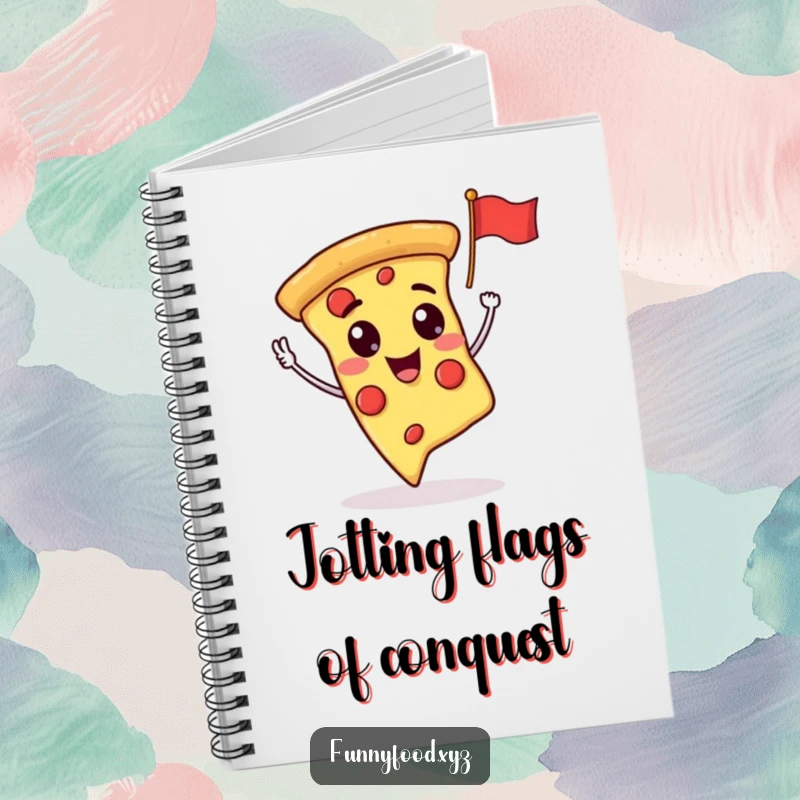A blank notebook with a funny pizza slice character waving a flag on the cover, ready for notes.
