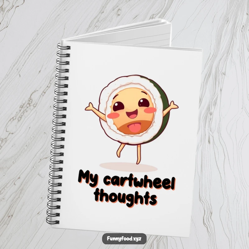 Funny notebook cover with a smiling sushi roll character doing a cartwheel, inspiring creative and happy thoughts.