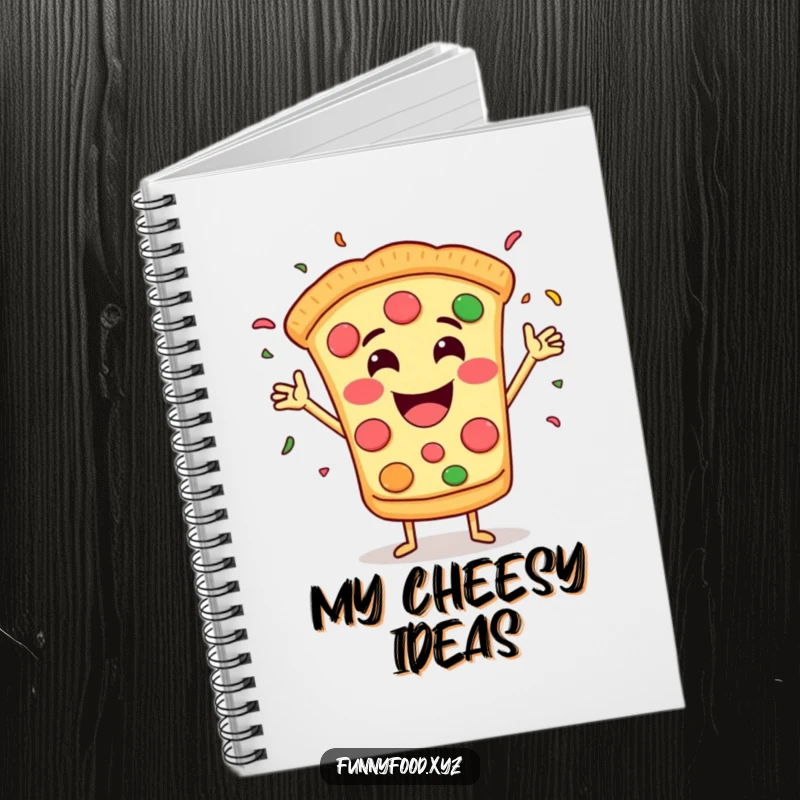 Funny notebook cover with a grinning pizza slice throwing confetti, perfect for jotting down party ideas.