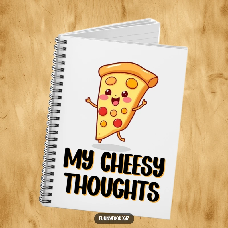Funny notebook cover with a playful pizza slice doing a little jig, looking happy and energetic.