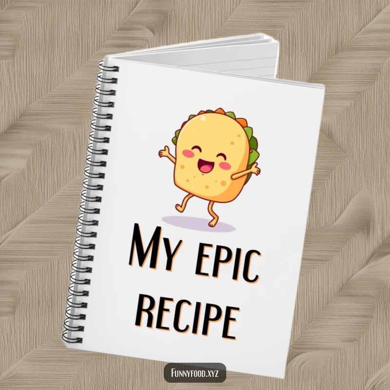 Funny taco notebook, featuring a dancing taco with legs, ideal for jotting down fiesta-inspired notes.