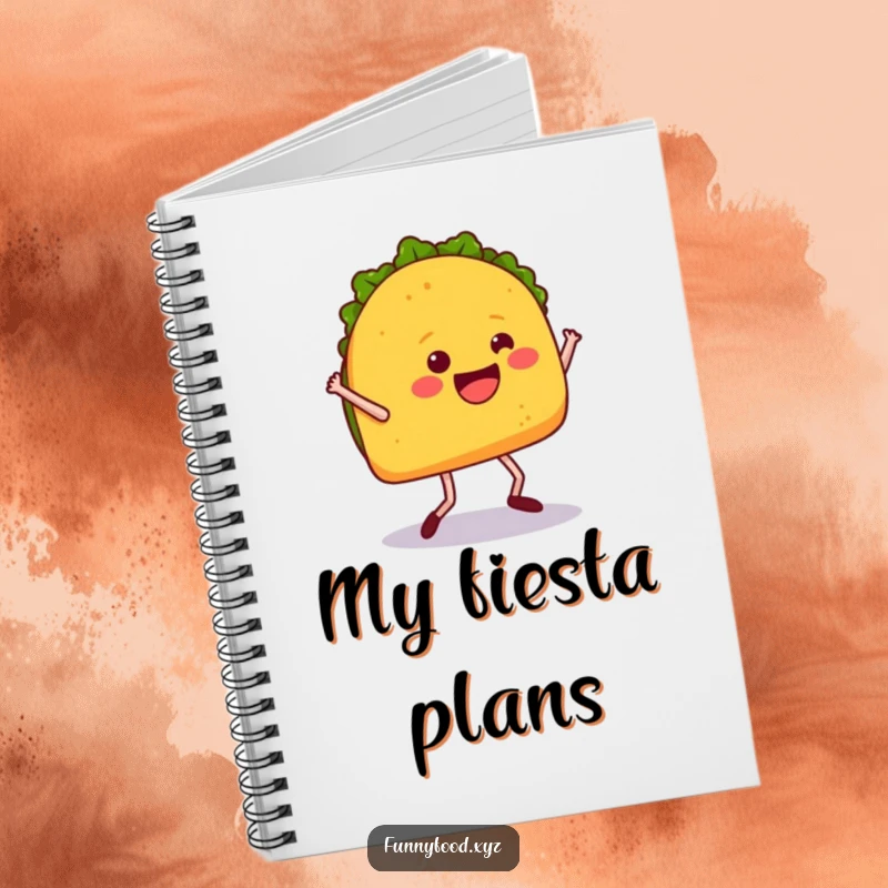 Funny notebook cover with a happy taco dancing energetically, perfect for jotting down recipes and fun ideas.
