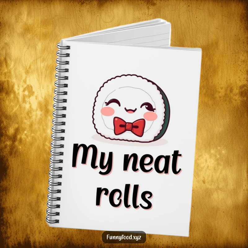 Funny notebook with a giggling sushi roll cover, perfect for jotting down ideas with a touch of Japanese charm and humor.