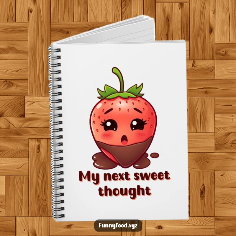 Funny strawberry notebook, eyes wide in surprise, about to be dipped in chocolate, a humorous stationery item for note-taking.