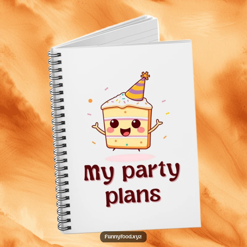 Funny happy cake slice notebook, wearing a party hat, bouncing with sprinkles, a humorous stationery item for party planning.