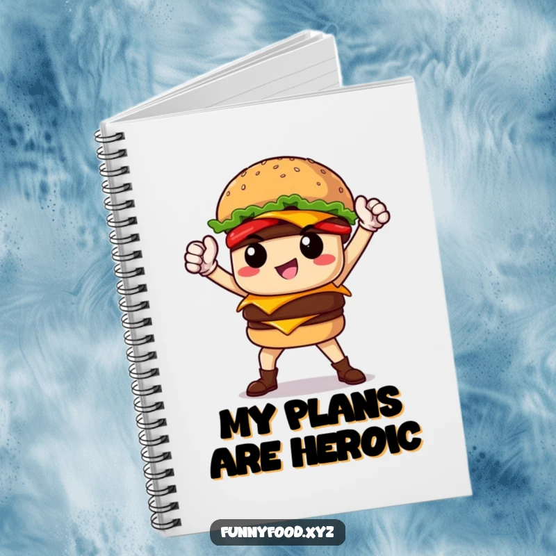 Funny proud burger hero striking a pose on the cover of a notebook, inspiring bold and humorous entries.