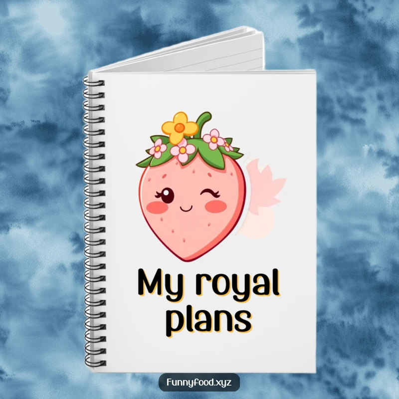 Funny notebook cover with a smiling strawberry character wearing a small, elegant flower crown.