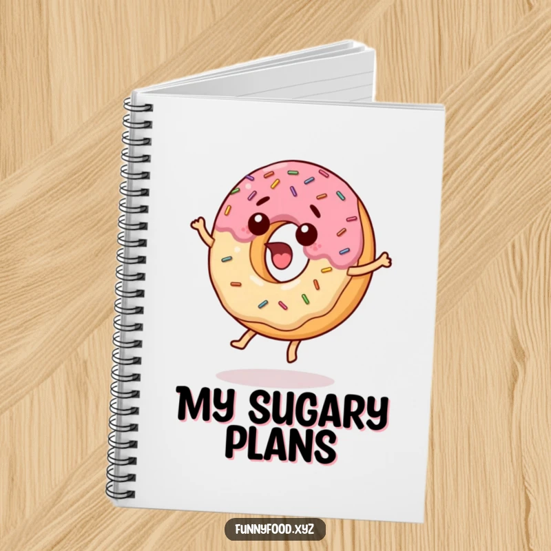 Funny notebook cover with a surprised donut and sprinkles jumping, designed to inspire joy and creativity.