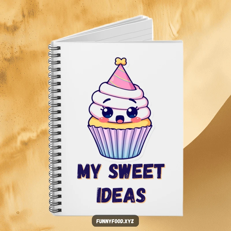 Funny notebook cover with a surprised cupcake wearing a party hat, looking wide-eyed and festive.