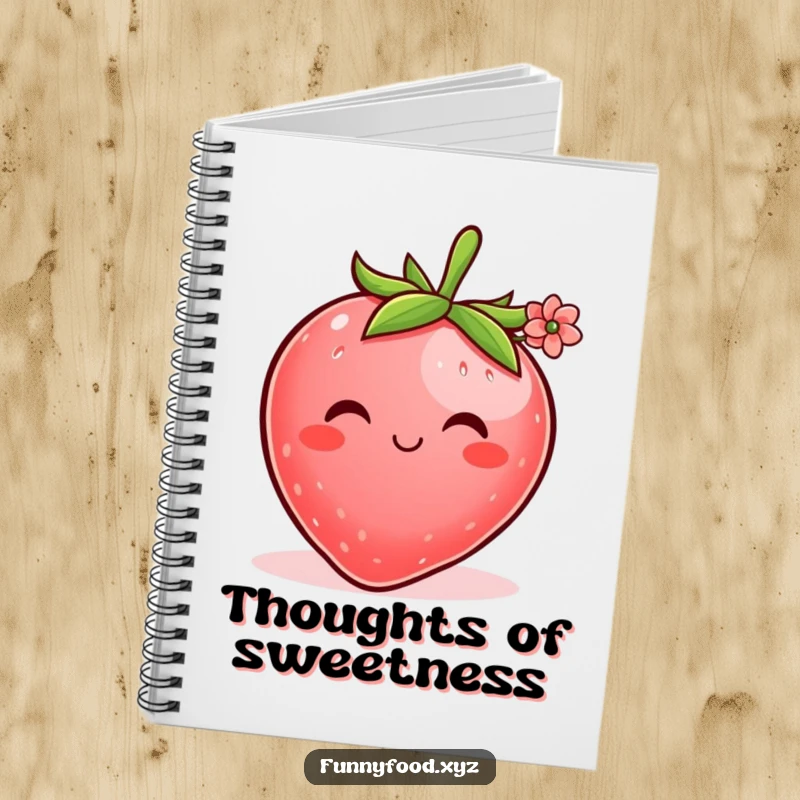 Funny notebook cover showing a shy strawberry with a gentle smile, offering a small flower, inspiring sweetness and kindness.