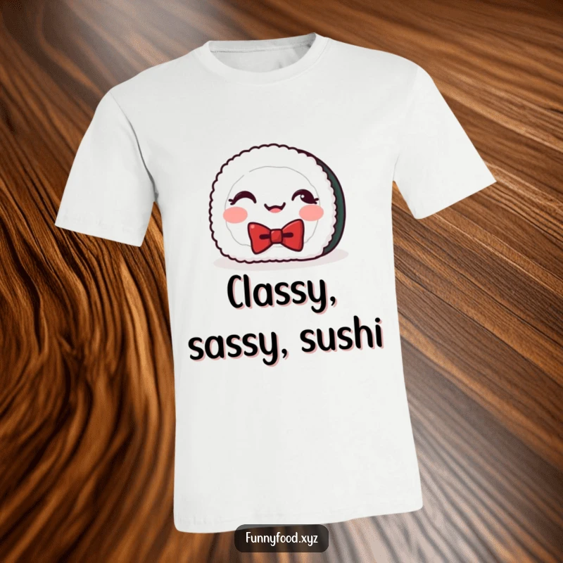 Funny t-shirt featuring a cheerful sushi roll in a bowtie, giggling with pure, unadulterated joy.