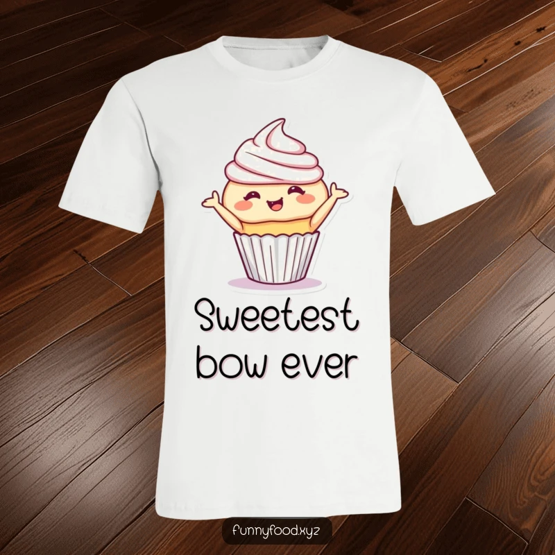 Funny cupcake t-shirt depicting a giggling cupcake in a playful bow, exuding charm and sweet humor. Ideal funny gift.