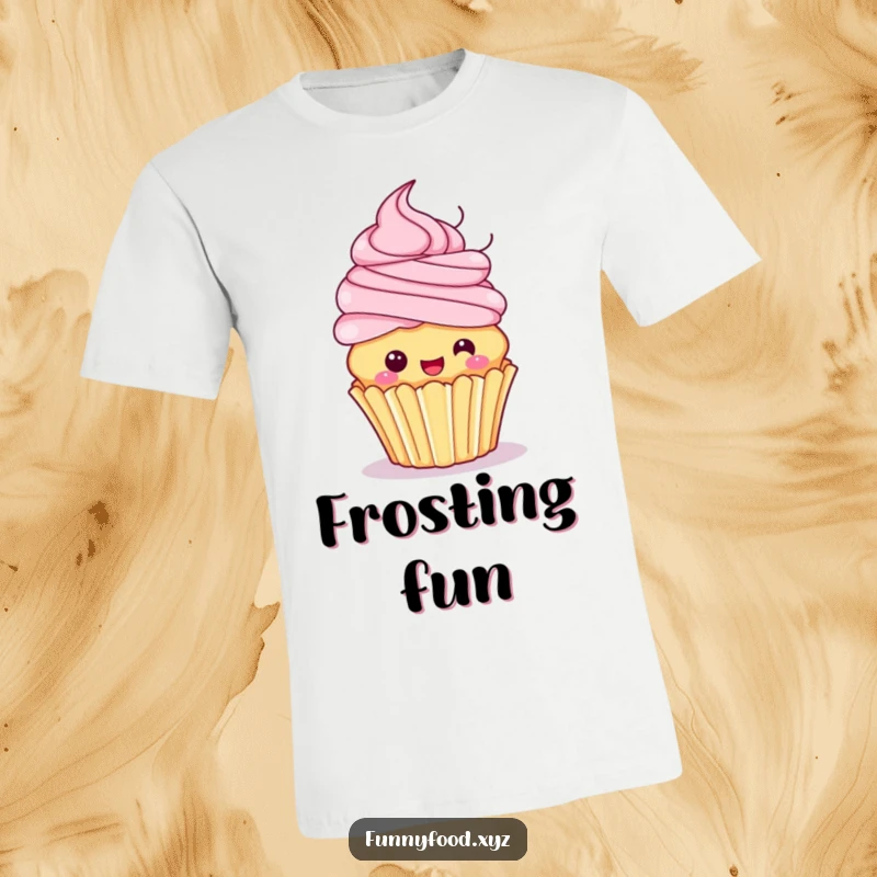 Funny t-shirt featuring a playful cupcake with vibrant frosting hair, captured mid-spin with excitement and a happy demeanor.