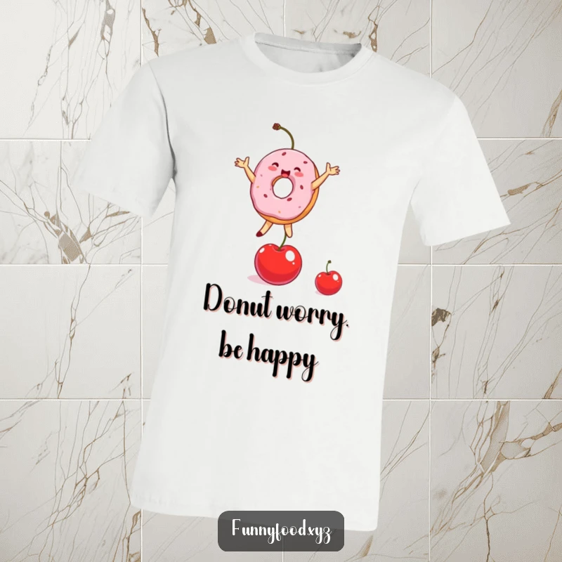Funny Donut T-Shirt showing a delighted donut character skillfully balancing on a tiny cherry, looking ecstatic.