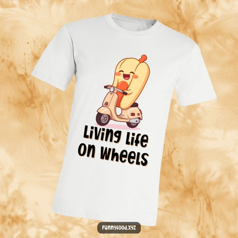 Funny T-shirt featuring a laughing hot dog gleefully riding a tiny scooter, capturing a moment of pure, chaotic joy.
