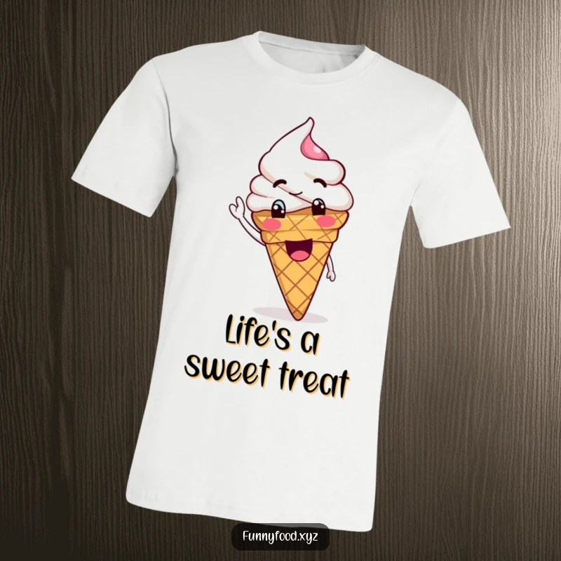 Funny Ice Cream T-Shirt showing a goofy ice cream cone waving its scoop, radiating pure happiness.