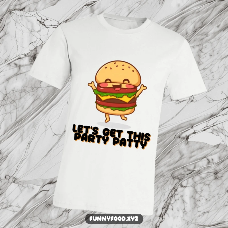 Funny T-Shirt with a jolly hamburger performing an energetic dance, showcasing its cheerful and happy personality for ultimate fun.