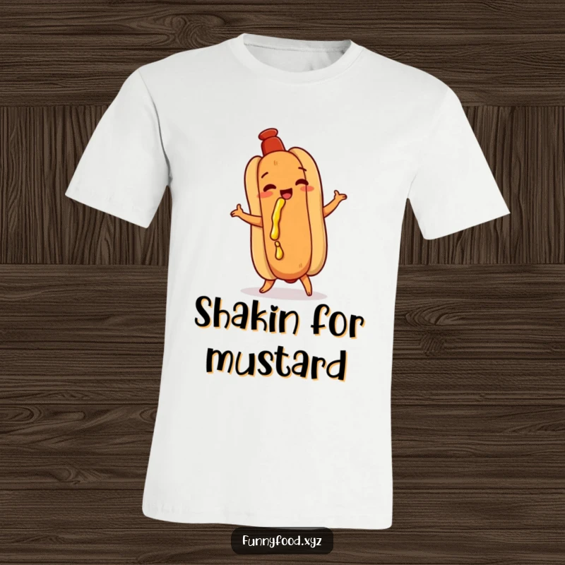 Funny hot dog t-shirt, doing a playful shimmy, with mustard dribbling, a humorous and energetic design for food lovers.