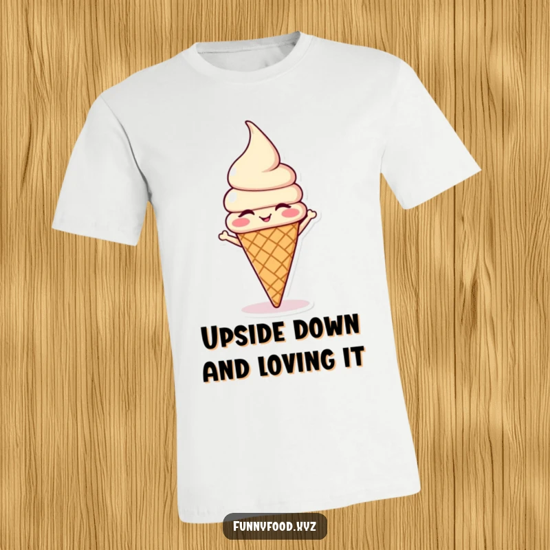 Funny winking ice cream cone in a headstand pose, printed on a t-shirt for a cool and humorous look.