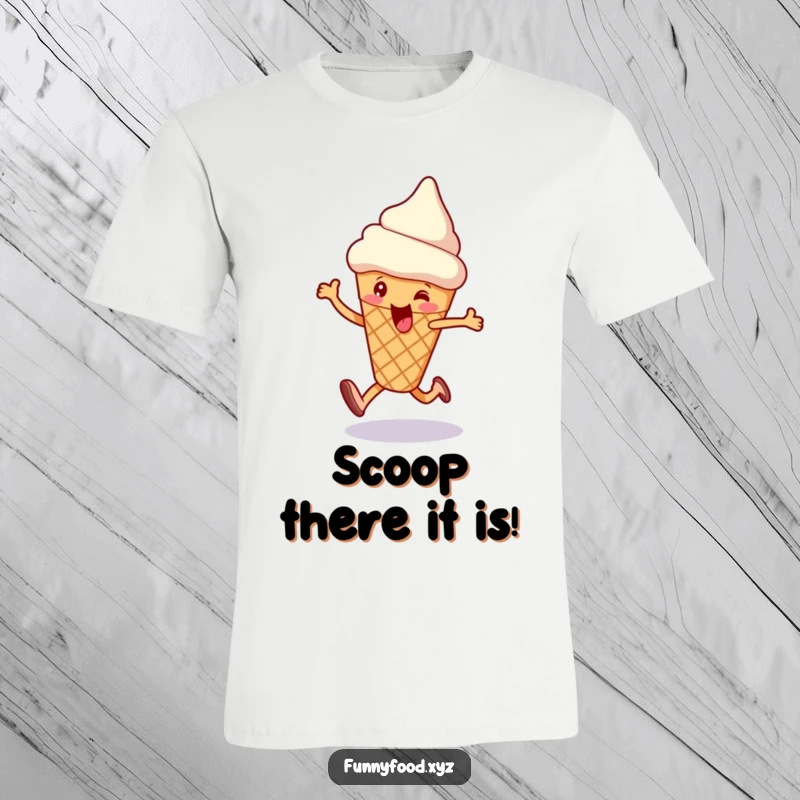 Funny t-shirt featuring an enthusiastic ice cream cone performing a happy skip, embodying pure, sweet delight.