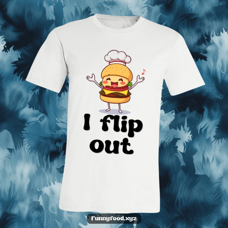 Funny t-shirt featuring a happy burger in a chef hat, expertly juggling ingredients, radiating culinary confidence.