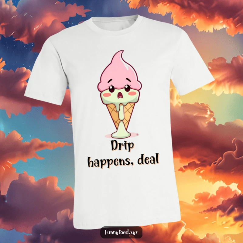 Funny ice cream cone t-shirt showing a shocked cone watching its drip melt away, ideal for casual summer wear.
