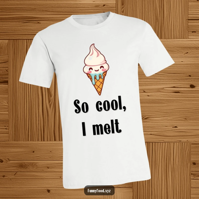 Funny melting ice cream cone t-shirt character expressing pure happiness, vibrant and cheerful apparel.