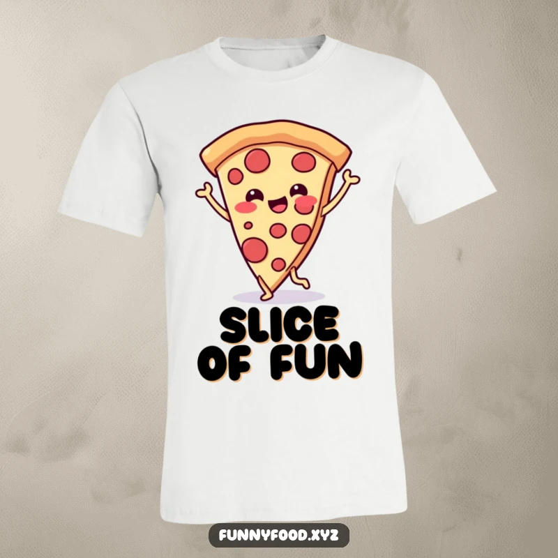 Funny t-shirt featuring a cheerful pizza slice with legs, captured mid-dance move, radiating pure joy and delicious fun.
