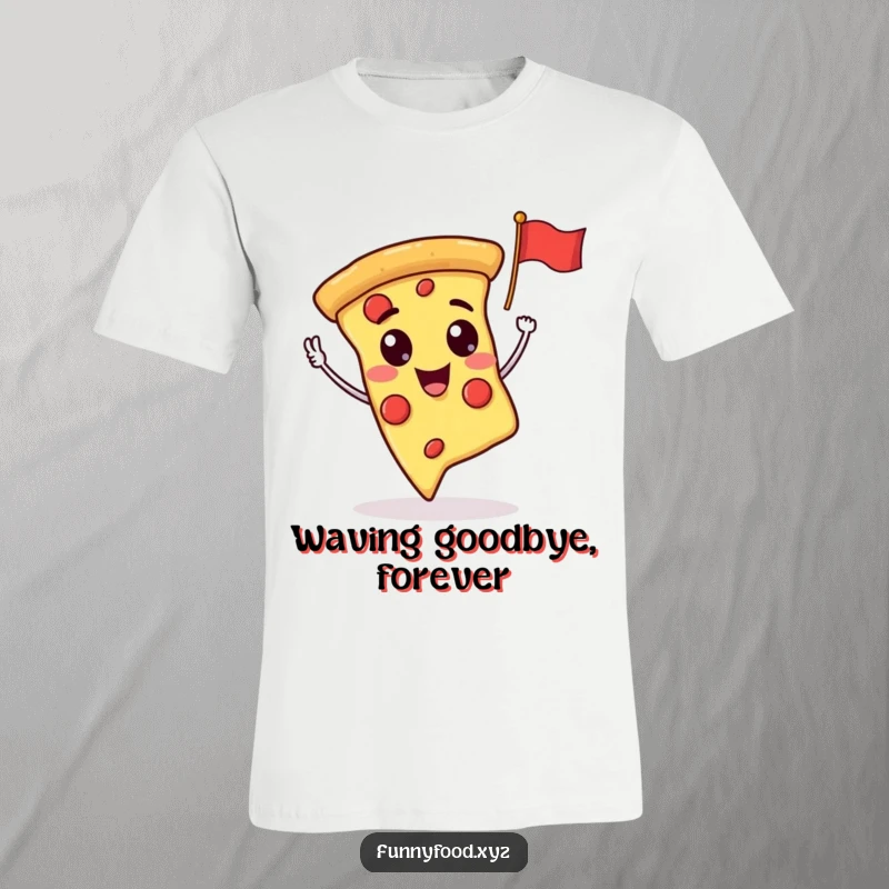 Funny pizza slice character wearing a tiny hat, ecstatically waving a flag on a comfortable t-shirt.