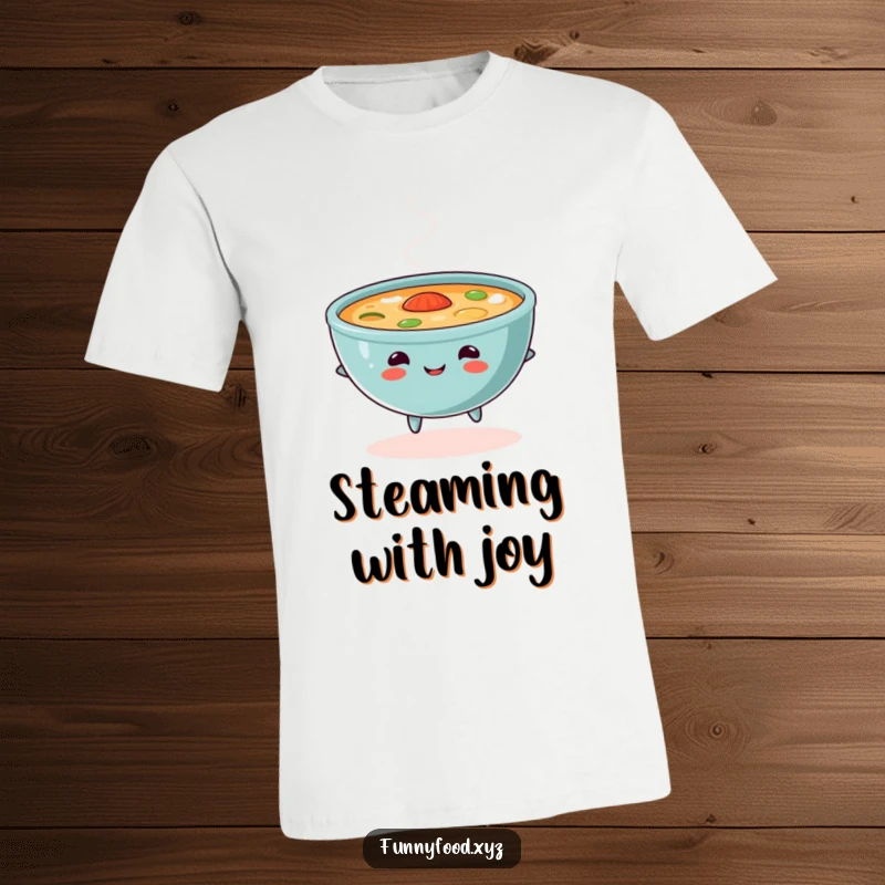 Funny soup t-shirt, depicting a content bowl of soup doing a happy skip with steam, comfortable and humorous apparel.