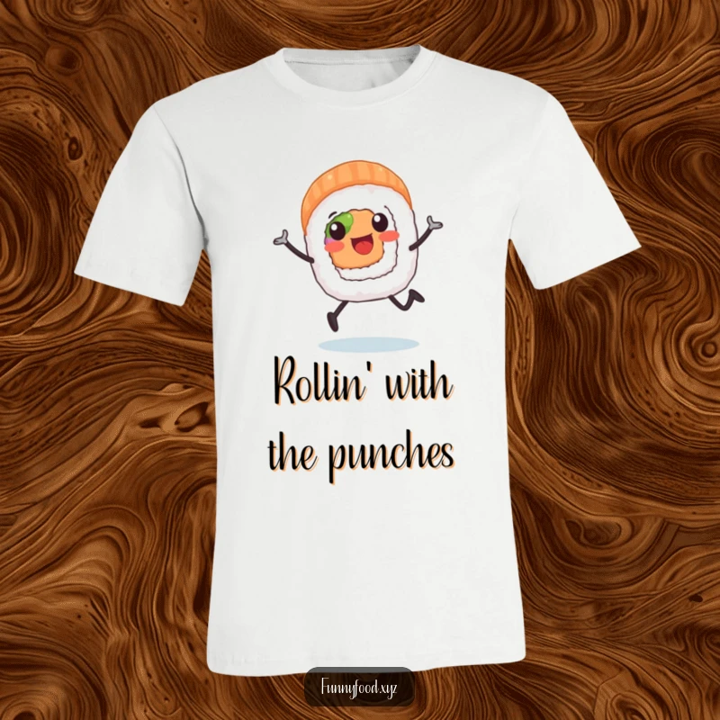 A cheerful sushi roll character with legs running fast, looking determined and happy on a t-shirt.