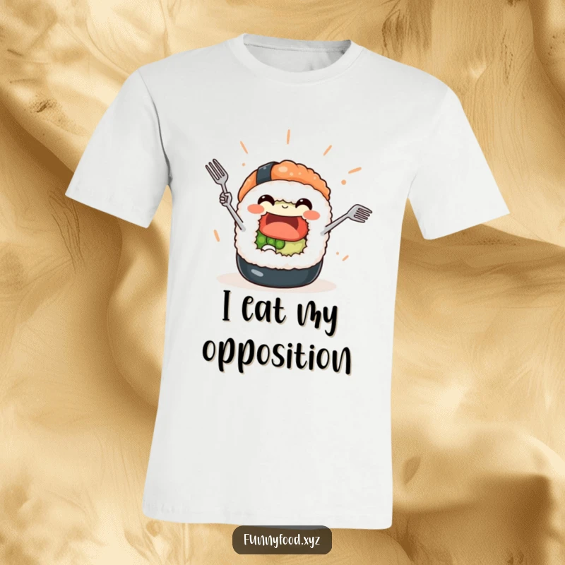 Funny Sushi Roll T-Shirt: A happy sushi character energetically juggles small forks, showcasing a delightful and funny scene.