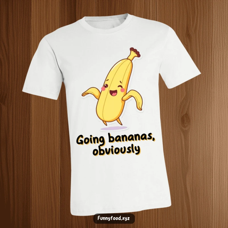 Funny energetic banana t-shirt character peeling itself with excitement, vibrant and playful apparel.