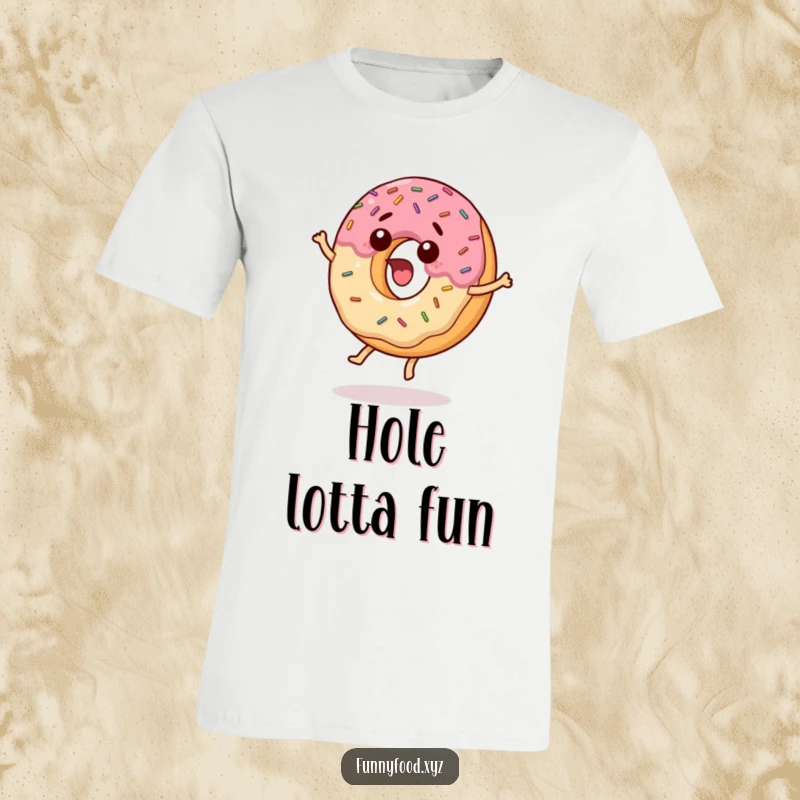 Funny t-shirt featuring a surprised donut with colorful sprinkles gleefully jumping, capturing a moment of pure exhilaration.