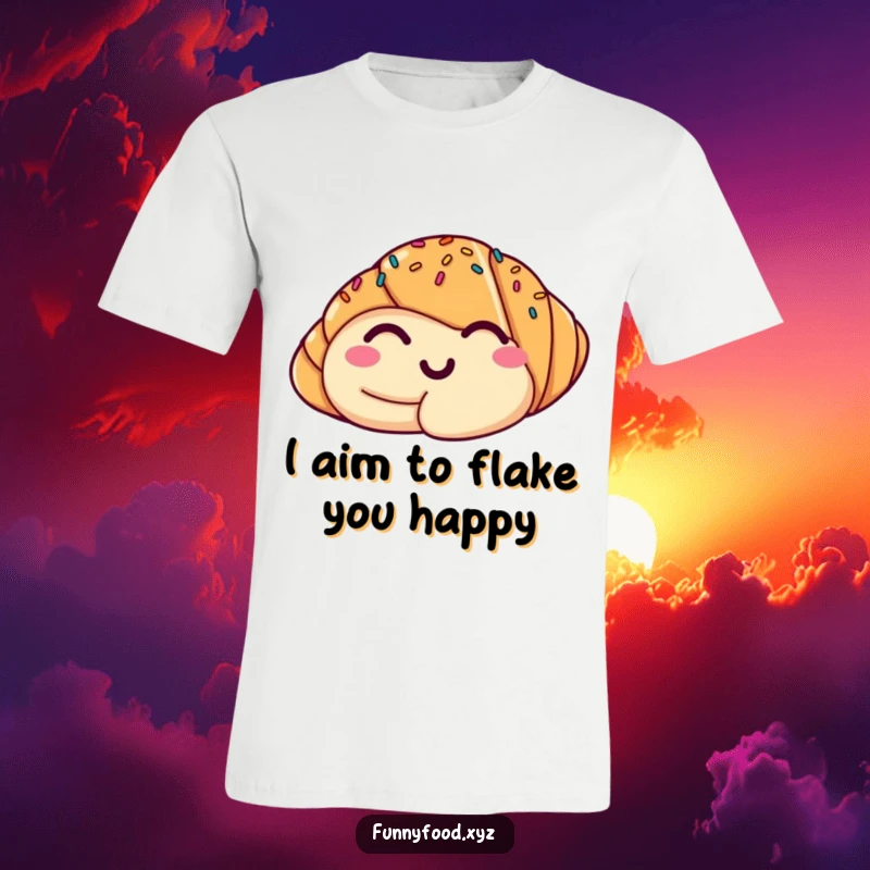 Funny croissant t-shirt showcasing a smiling, winking pastry with sprinkles, embodying a fun and lighthearted spirit.