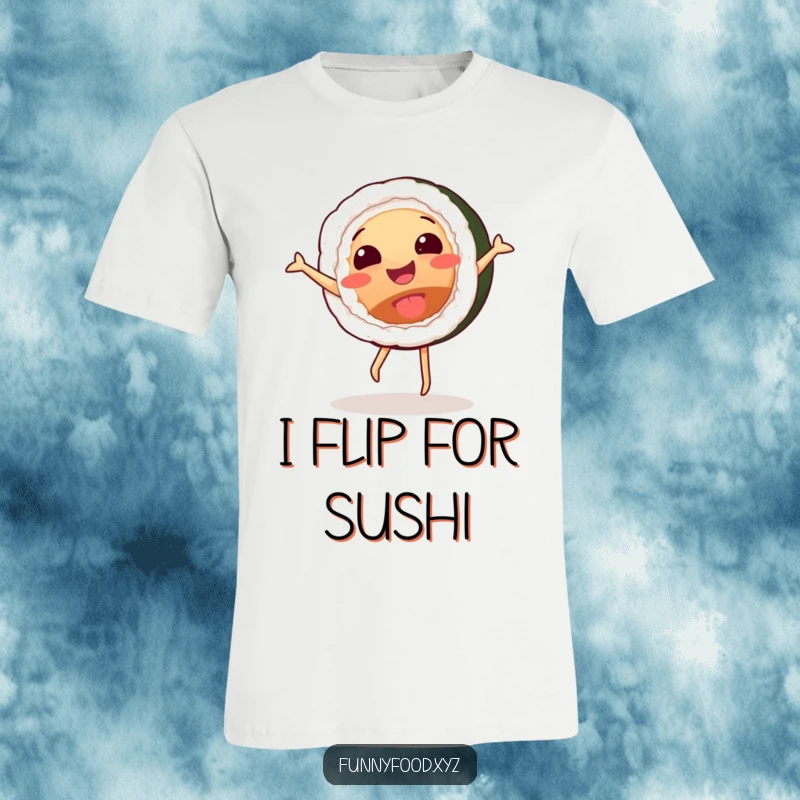 Funny t-shirt with a happy sushi roll character performing an energetic cartwheel with pure glee.